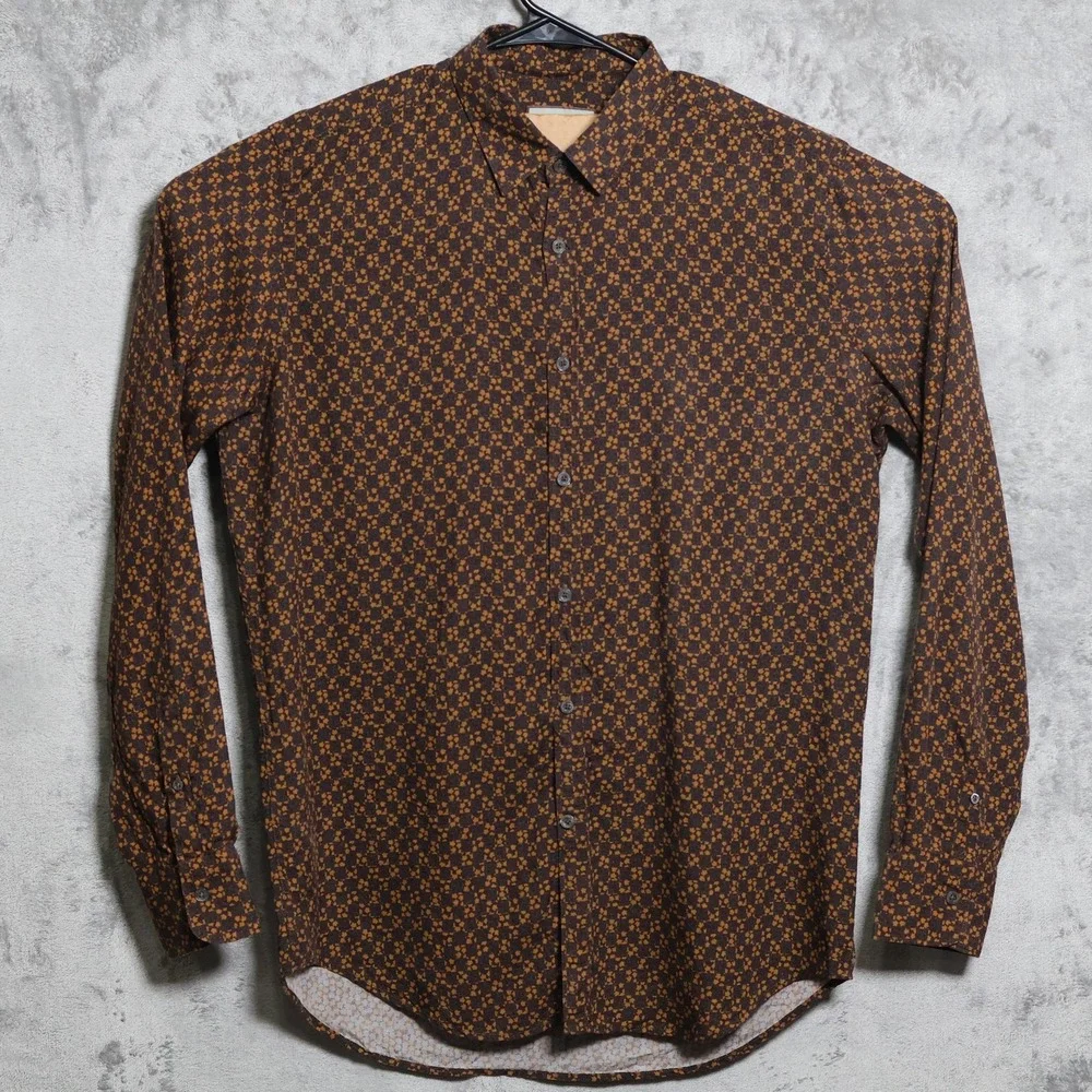 Canali Shirt Mens Large Brown Geometric Leaf Pattern Long Sleeve Made In Italy